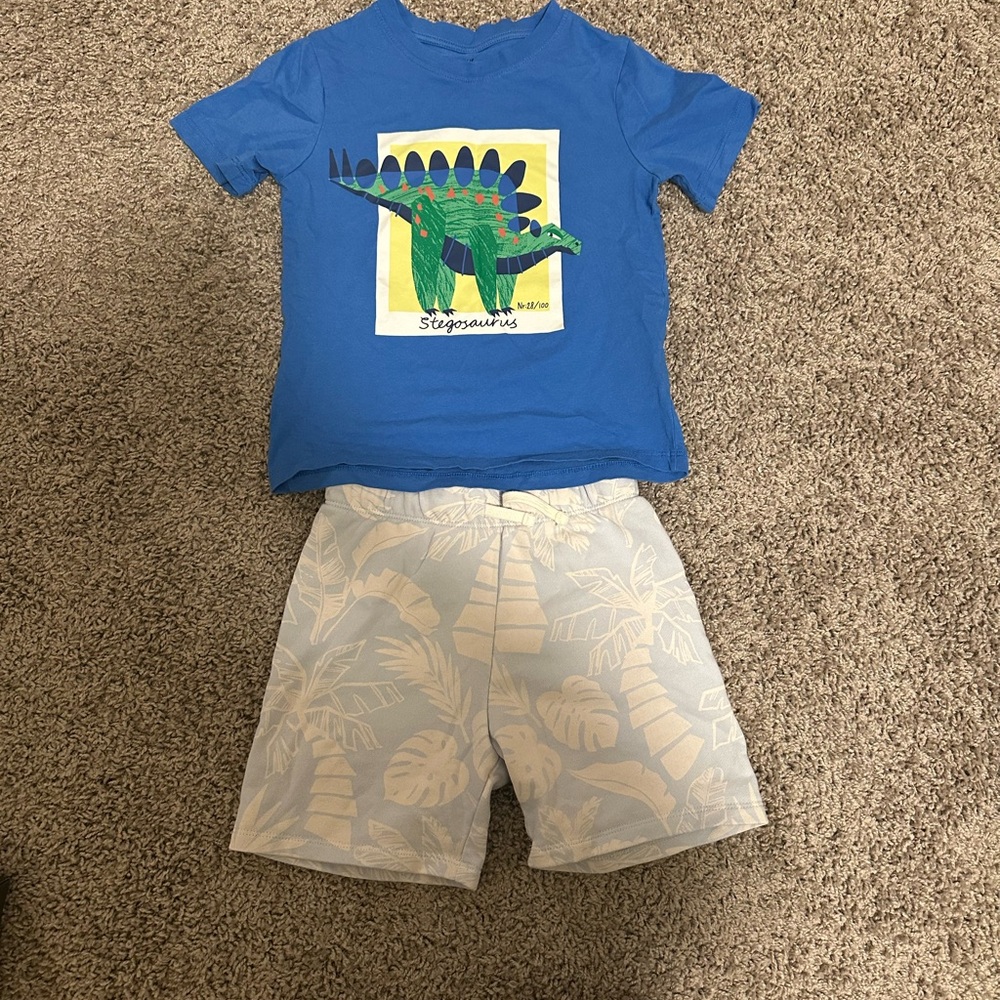 H&M Blue Dinosaur Tee and Cream Shorts Set